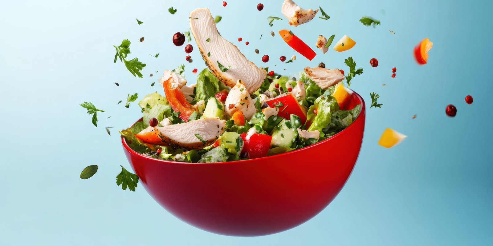 Colorful salad mix with grilled chicken and vibrant vegetables captured in mid-air above a red bowl